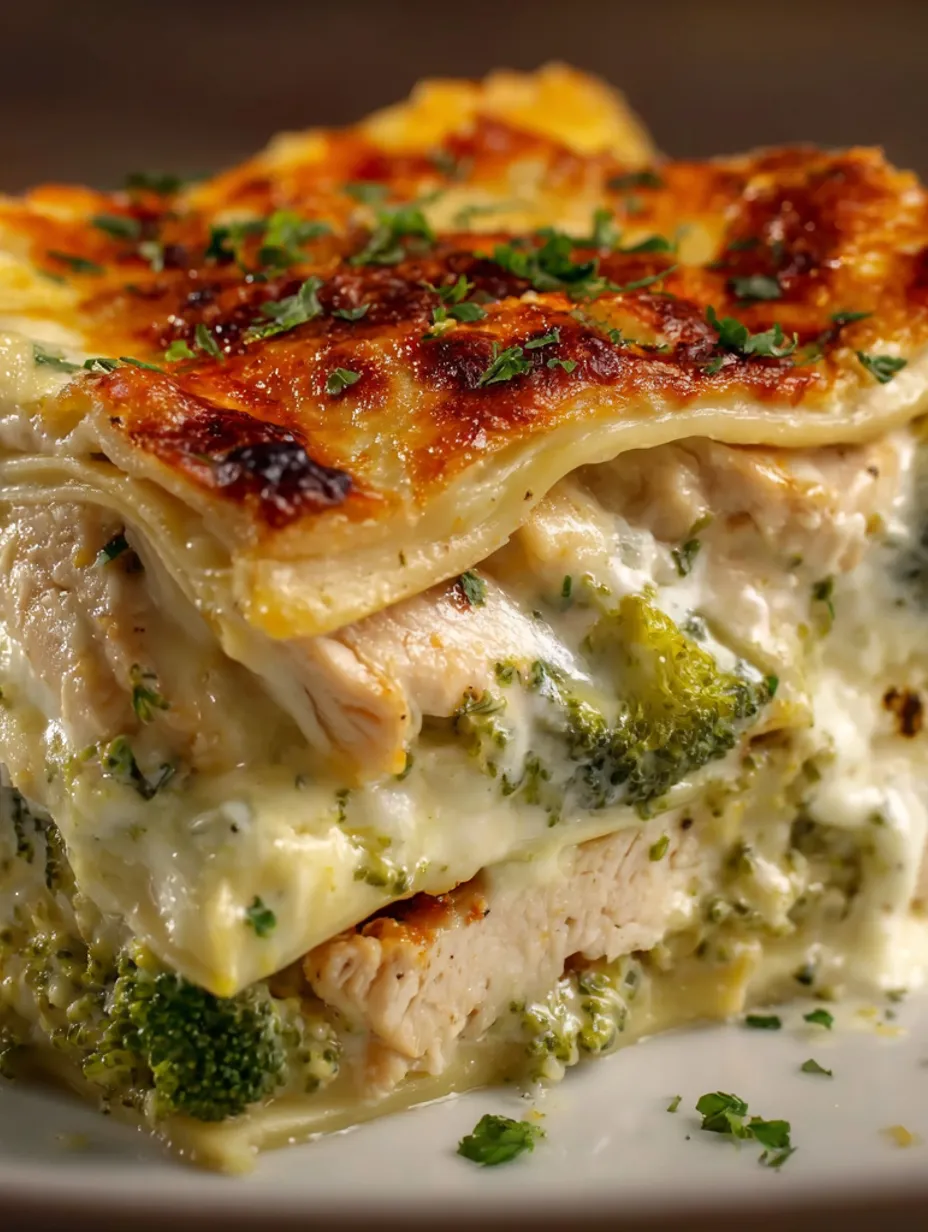 A close up of a chicken and broccoli lasagna.