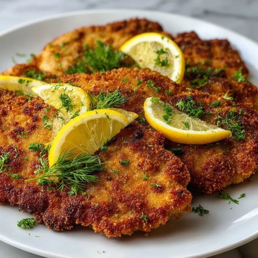 A plate of classic veal schnitzel with lemon wedges.