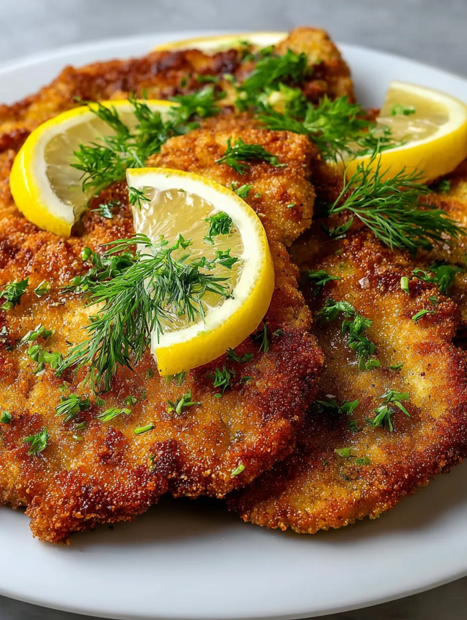 A plate of classic veal schnitzel with lemon wedges on top.