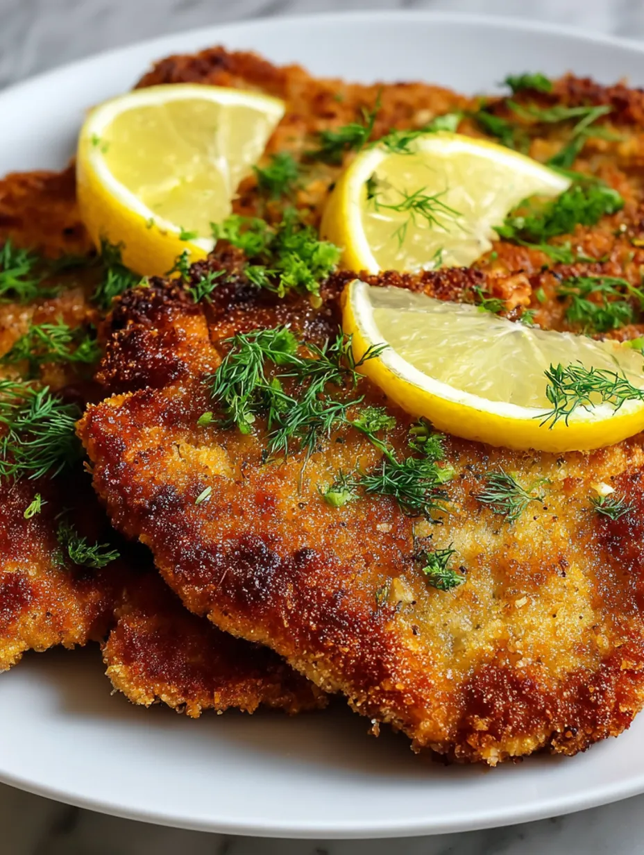A plate of classic veal schnitzel with lemon wedges.