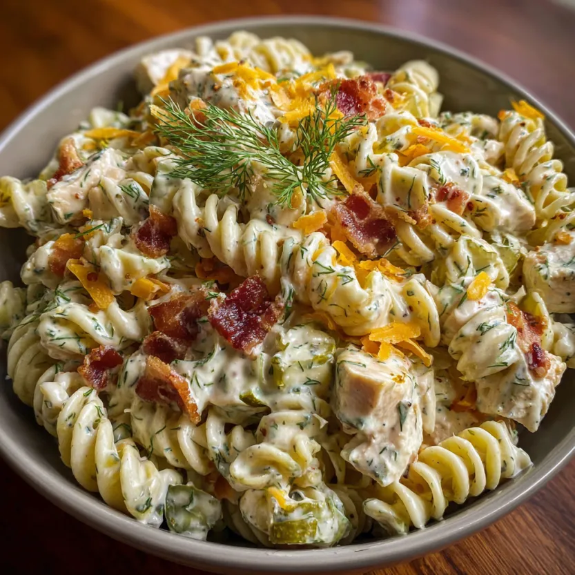 A bowl of pasta salad with bacon and dill pickles.