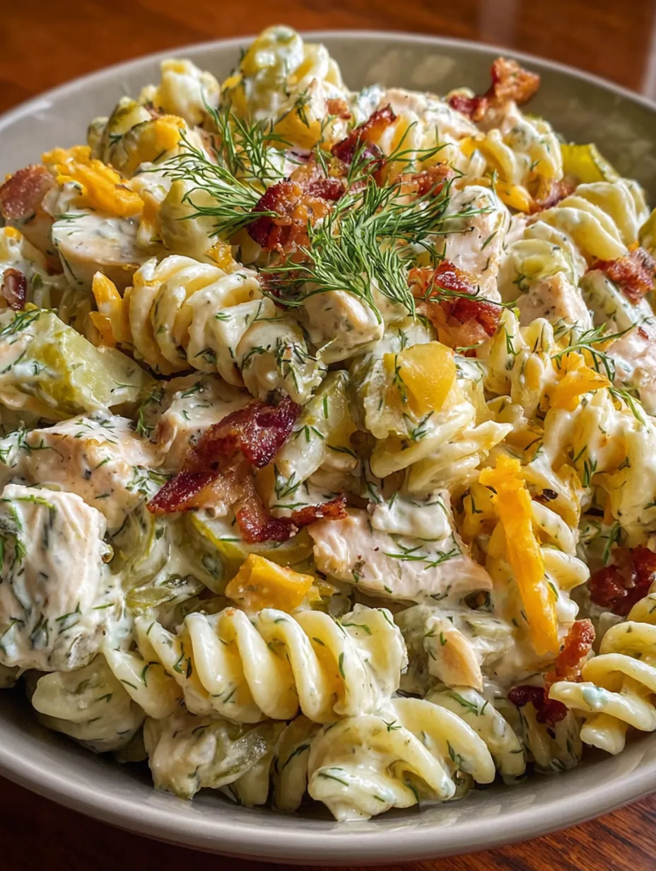 A bowl of pasta salad with chicken, bacon, and dill pickles.