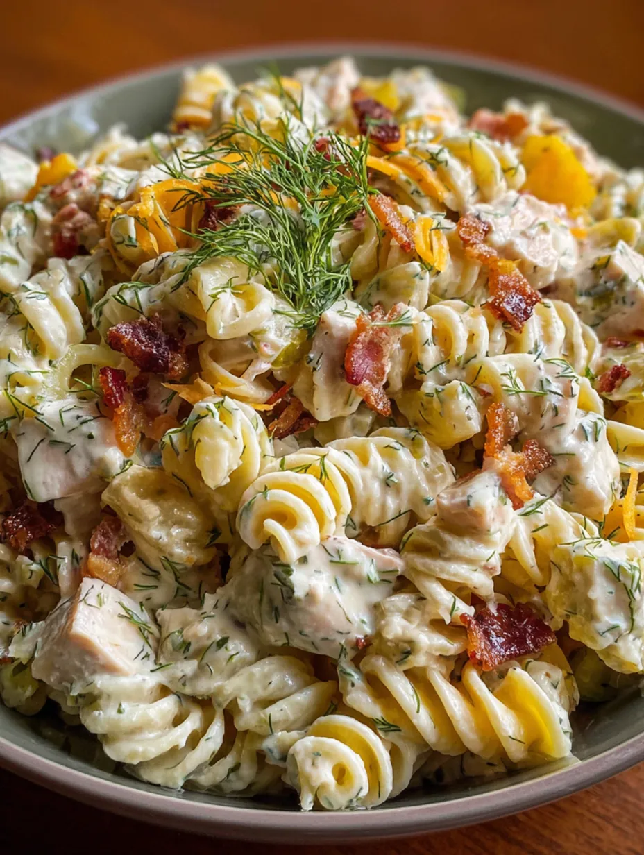 A bowl of pasta salad with bacon and dill pickles.