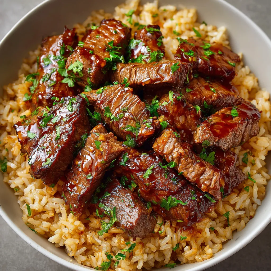 A bowl of rice with meat and sauce.