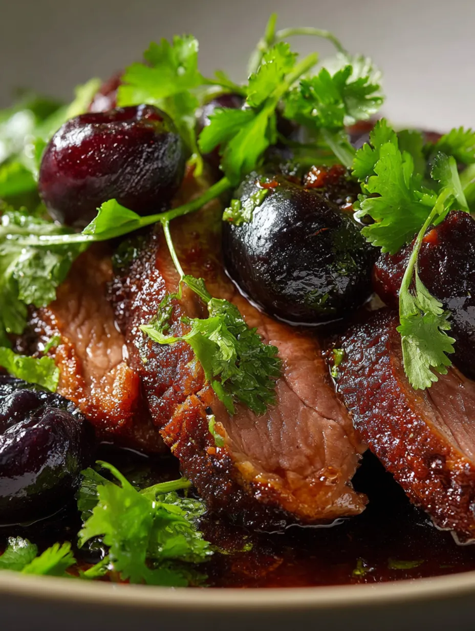A close up of a duck breast with aromatic spice marinade and plum compote.
