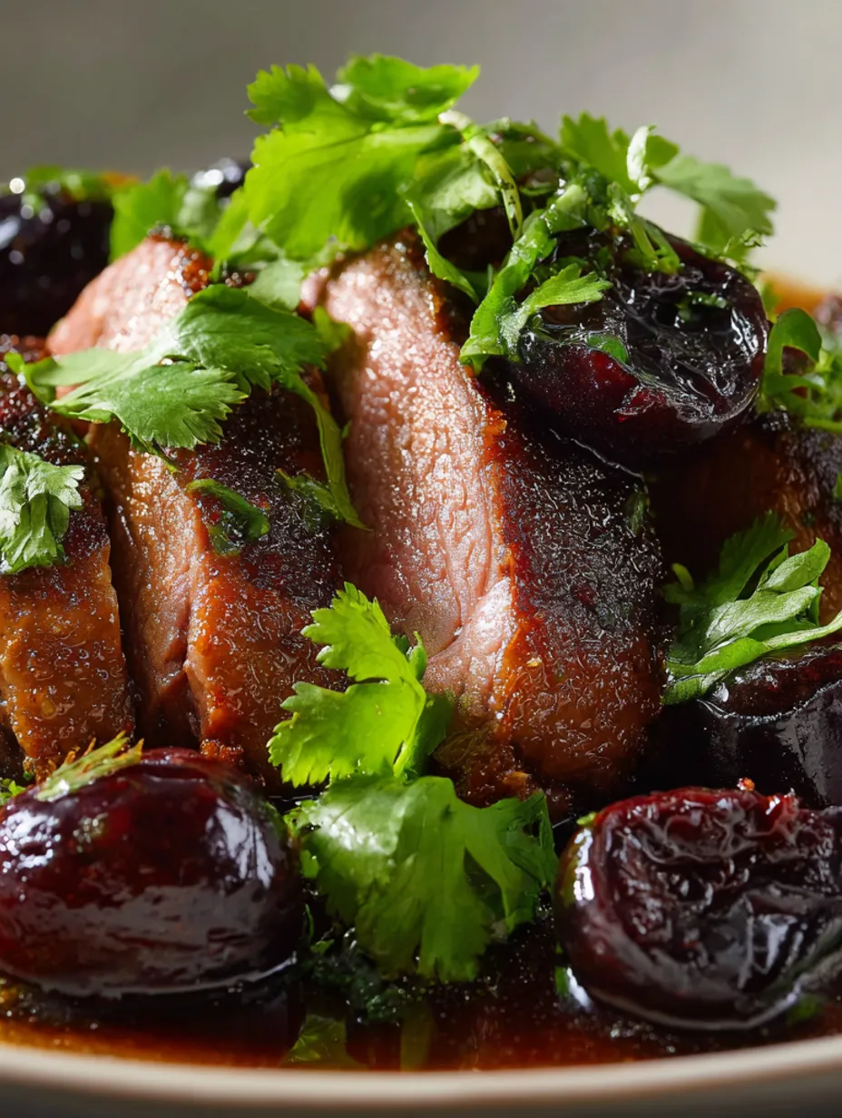 A close up of a duck breast with aromatic spice marinade and plum compote.