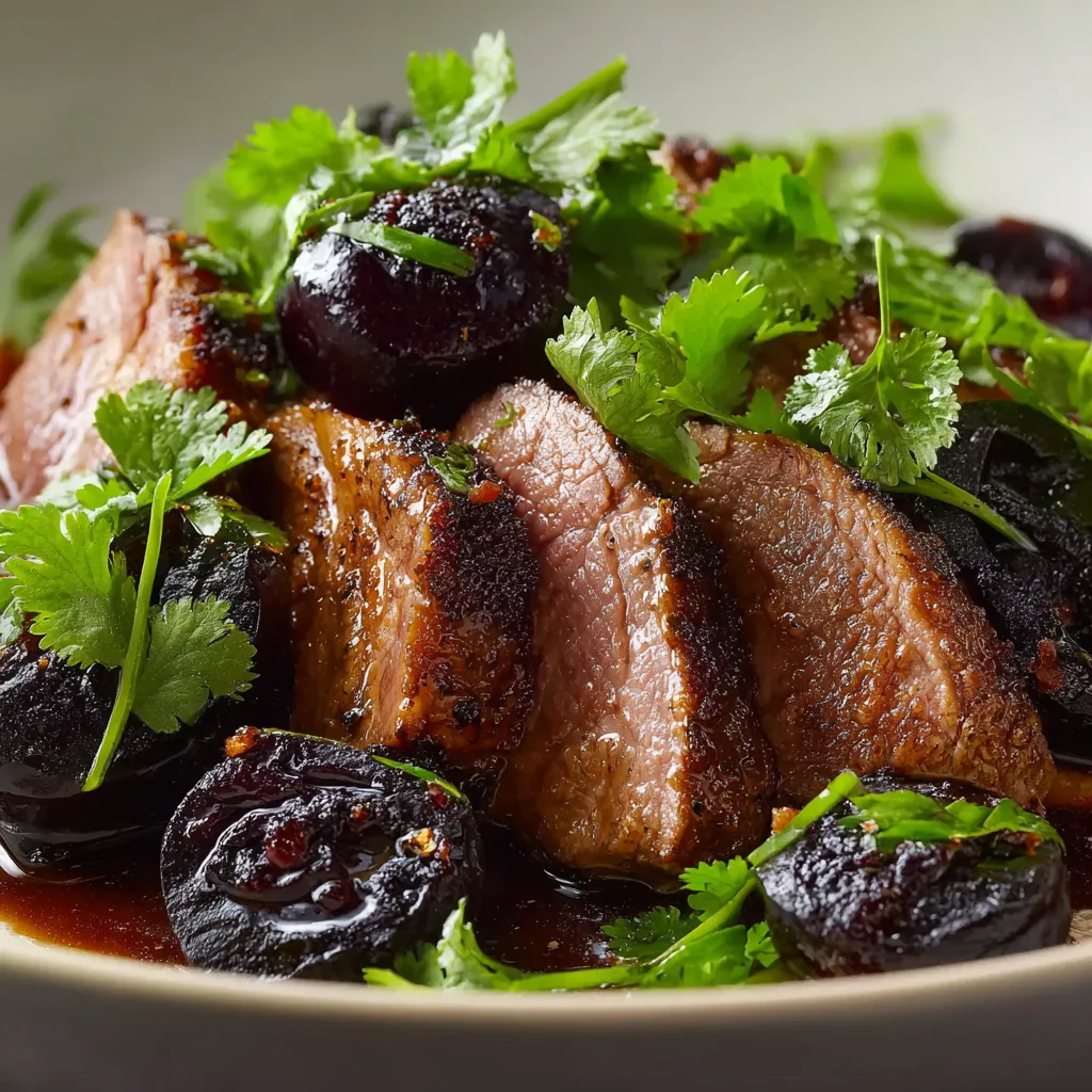 A plate of duck breast with aromatic spice marinade and plum compote.