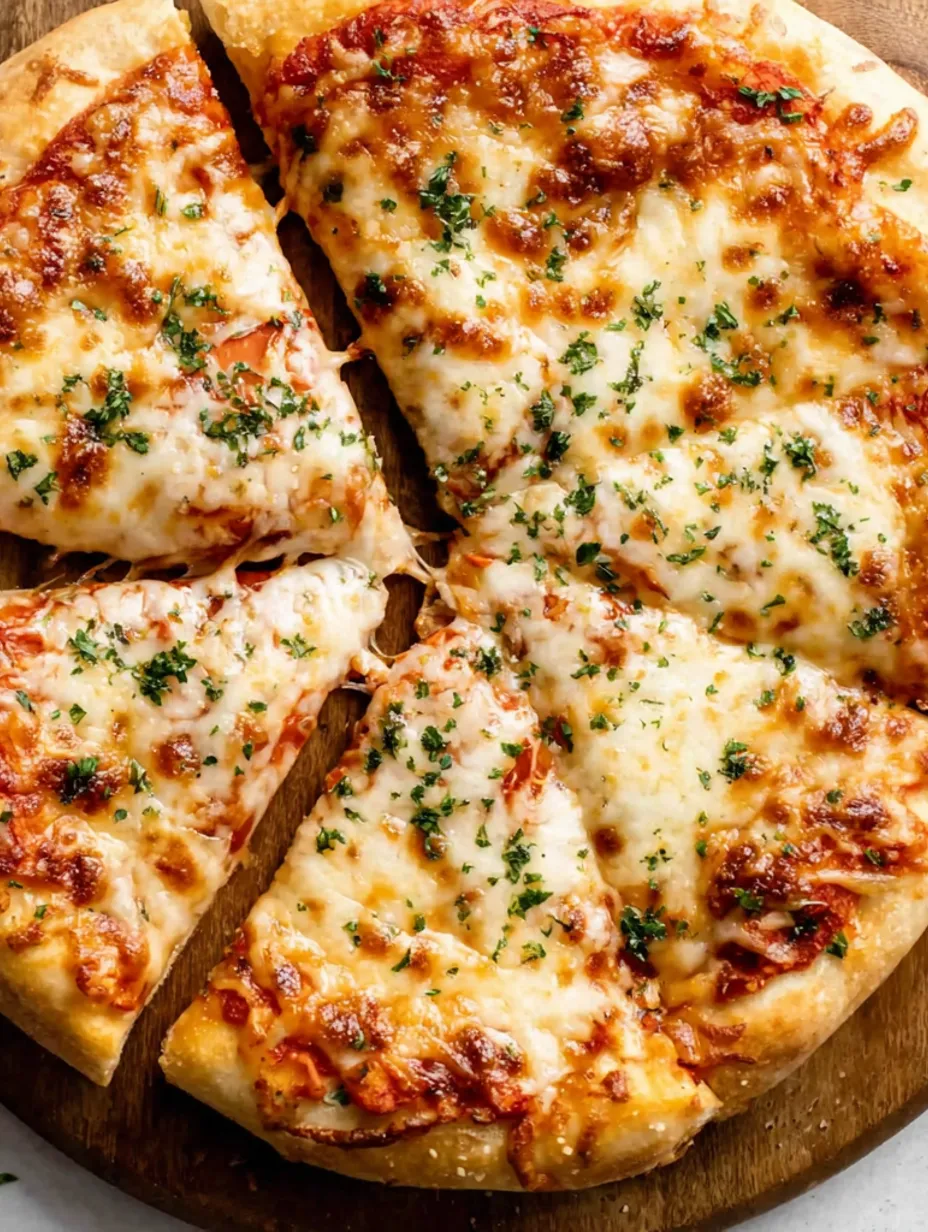 A slice of pizza with cheese and herbs on a wooden board.