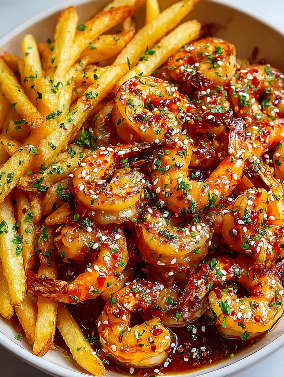 A plate of crispy fries with spicy garlic honey shrimp.