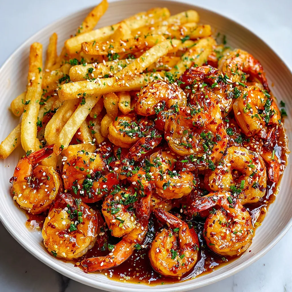 A plate of shrimp and fries with a spicy garlic honey sauce.