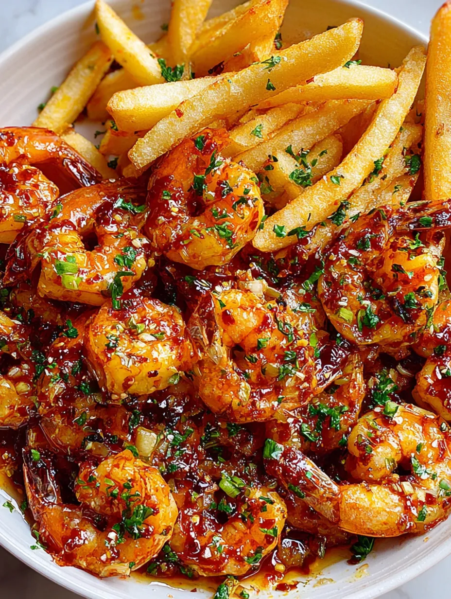 A plate of shrimp with garlic honey and fries.