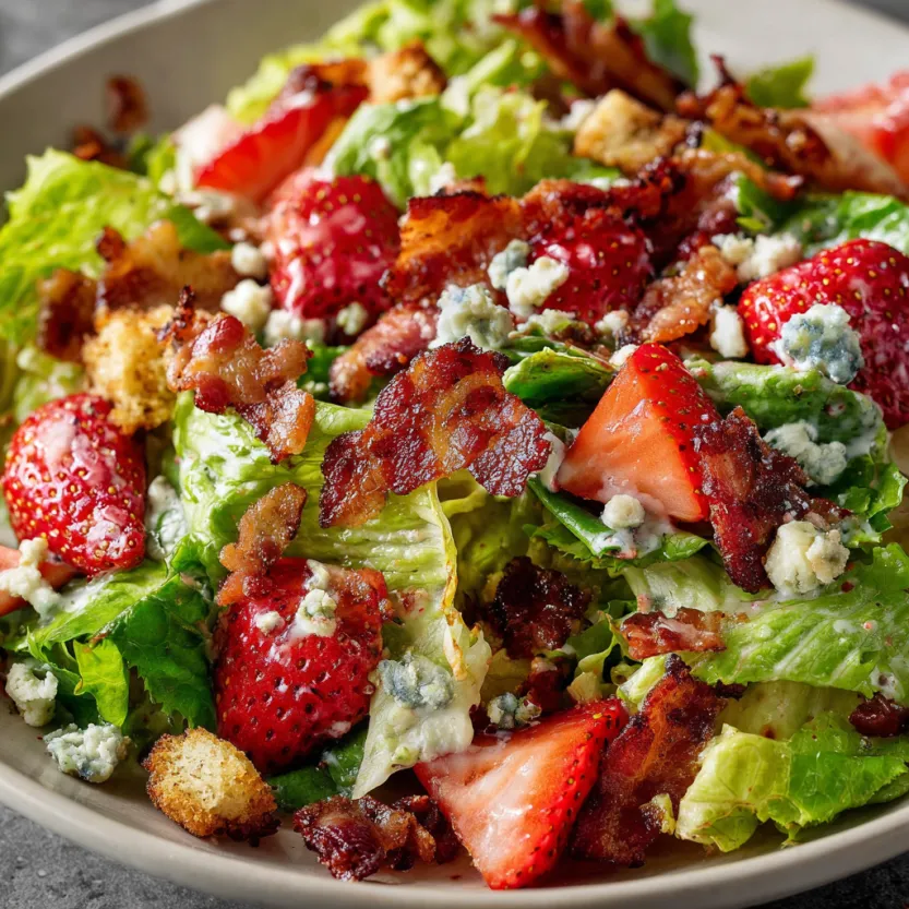 A bowl of strawberry bacon salad.