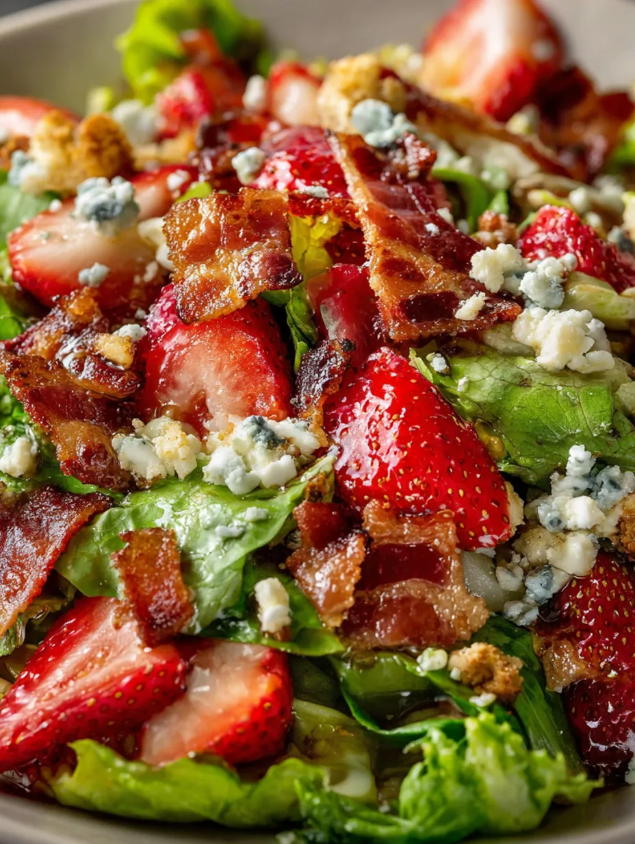 A close up of a salad with strawberries and bacon.