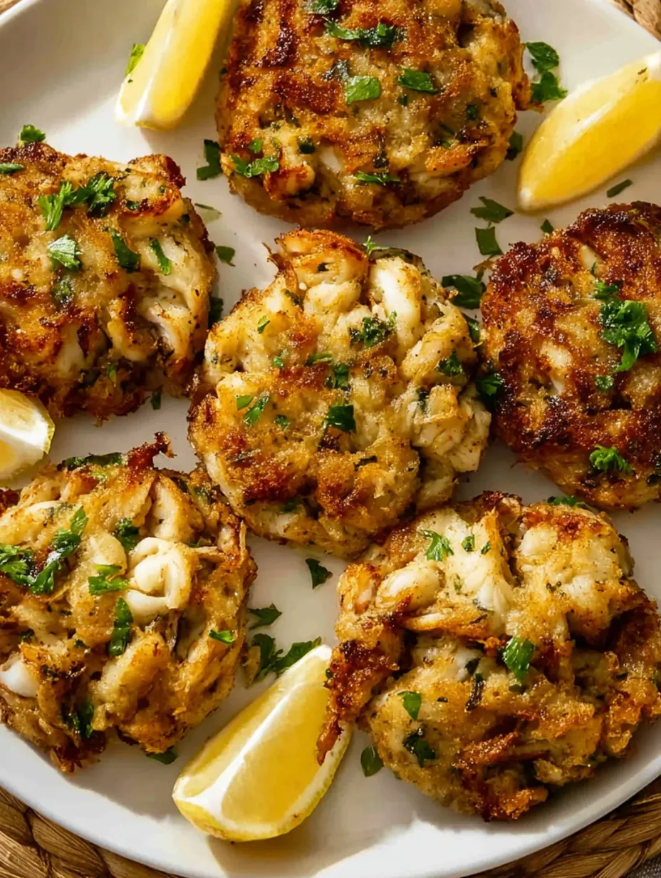A plate of crab cakes with lemon wedges on top.