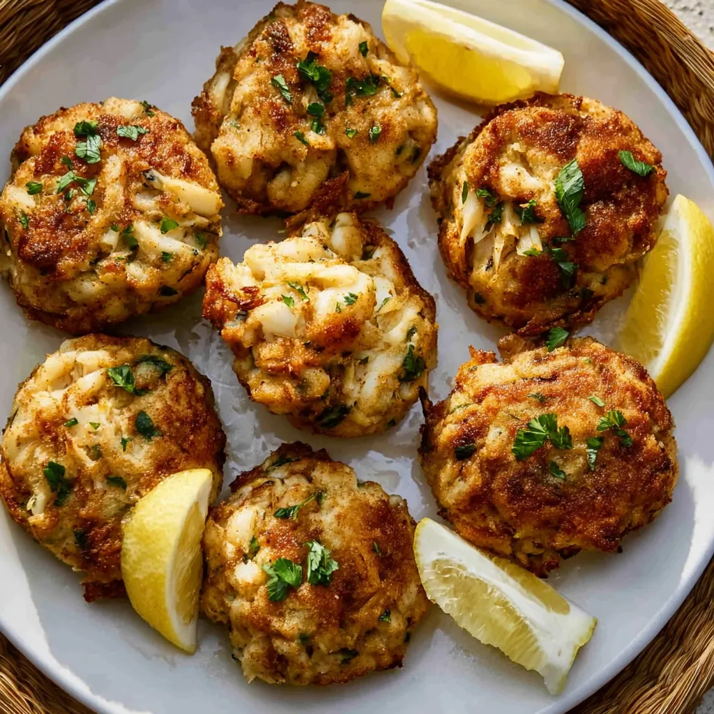 A plate of crab cakes with lemon wedges on top.