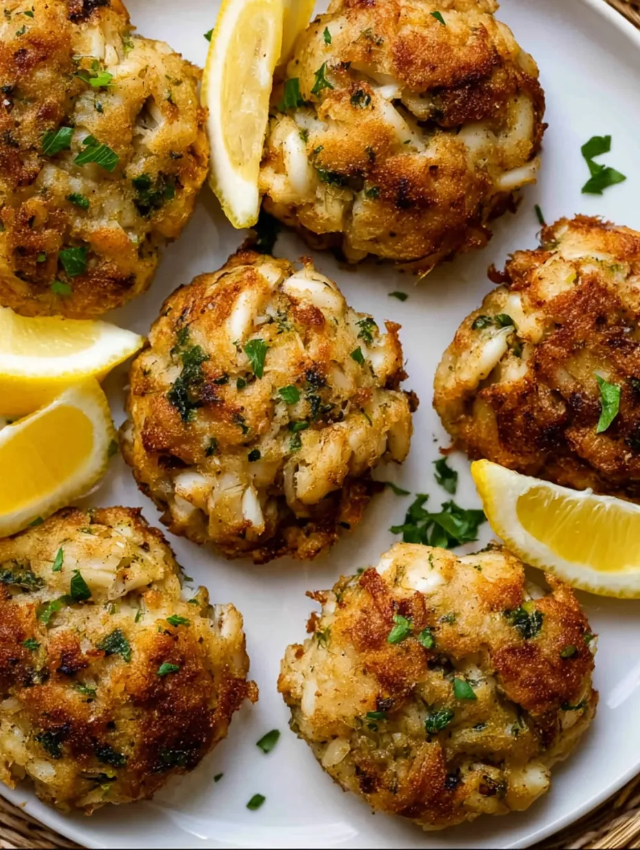 A plate of crab cakes with lemon wedges on top.