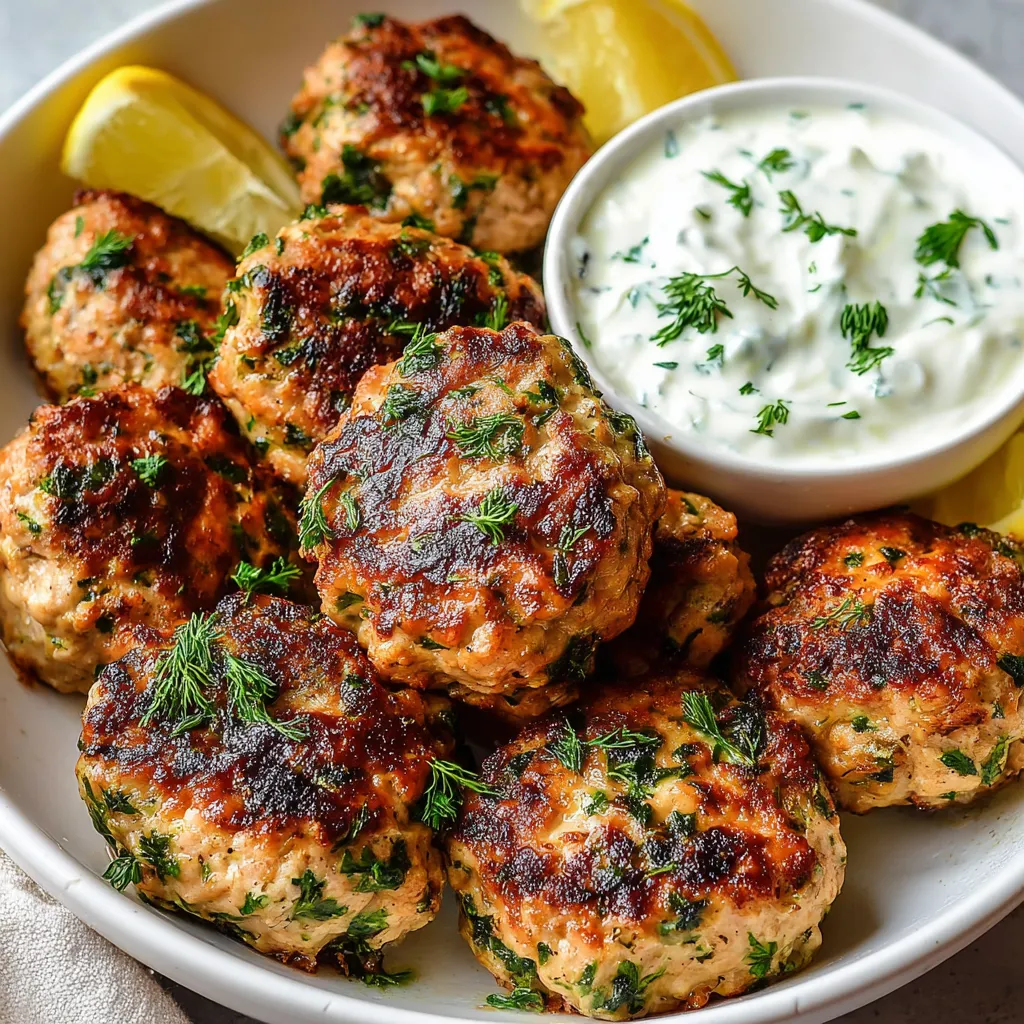 A bowl of chicken kofta with yogurt sauce.