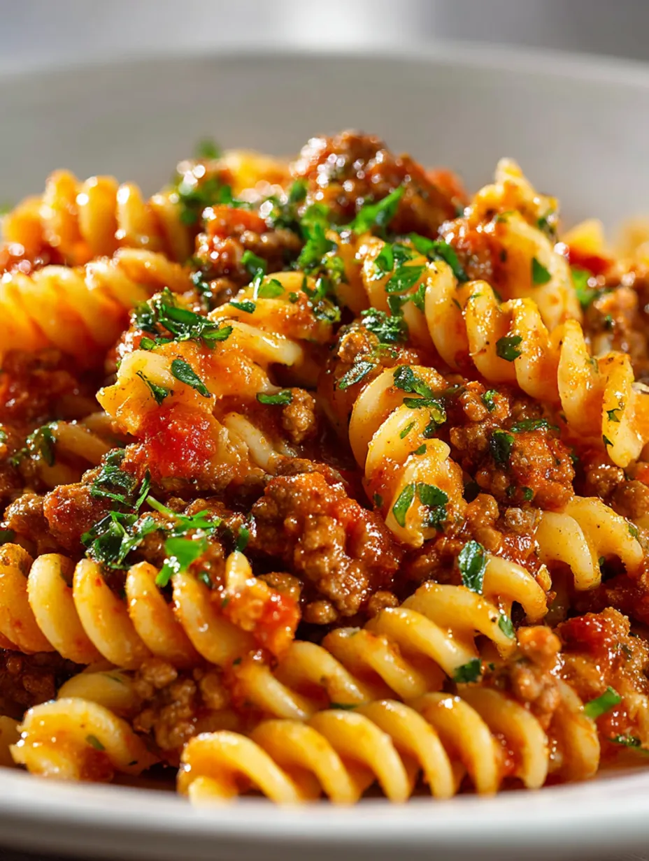 A bowl of creamy tomato pasta with savory minced meat.
