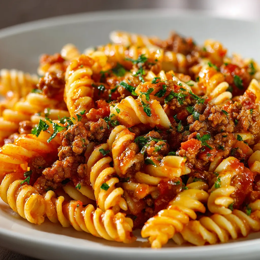 A plate of pasta with meat and tomato sauce.