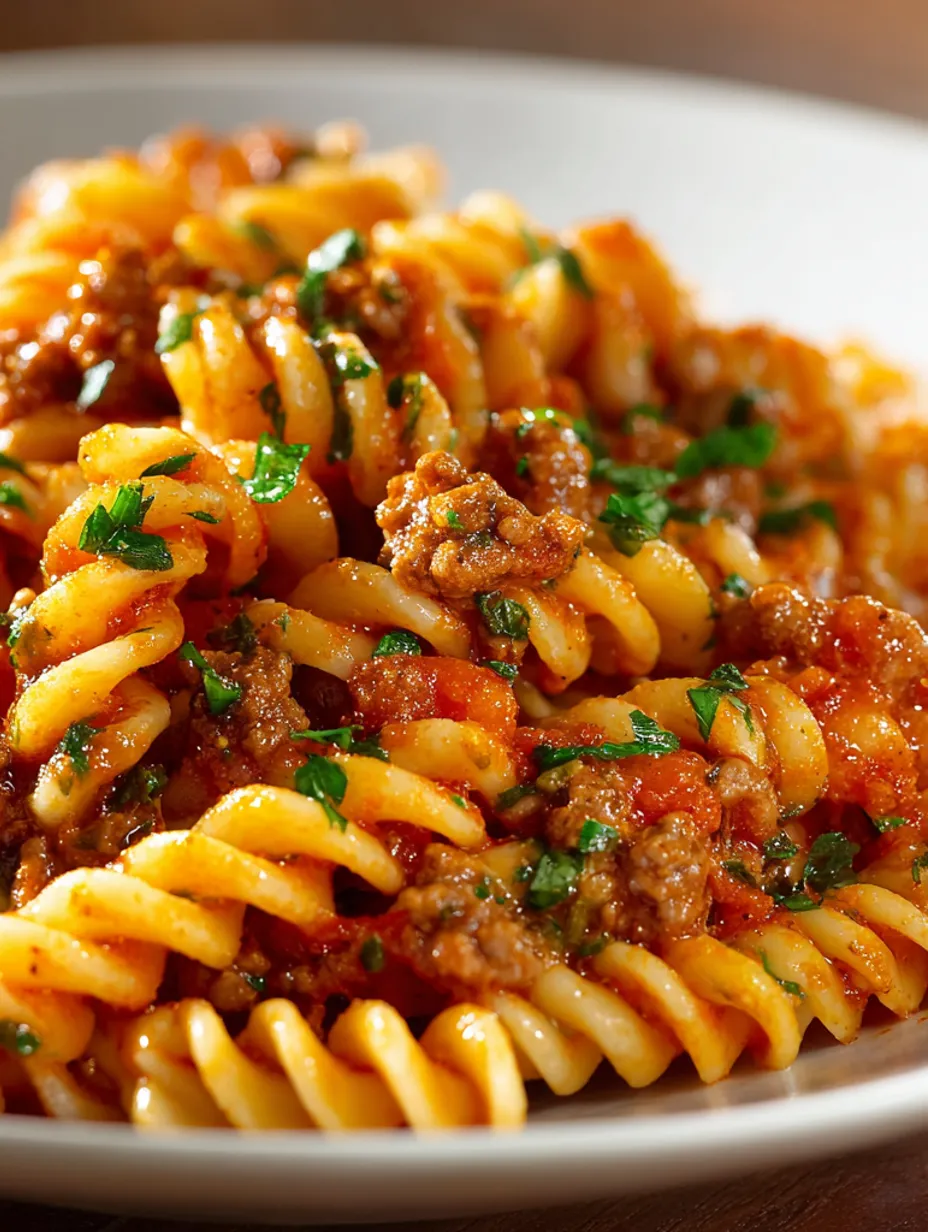 A plate of pasta with meat sauce.
