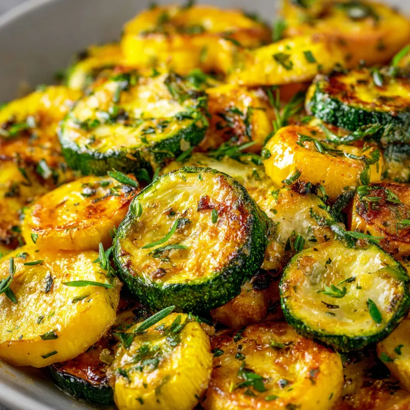 A dish of roasted zucchini and squash.