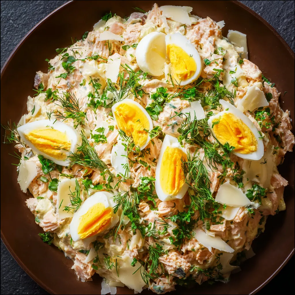 A plate of tuna salad with eggs.
