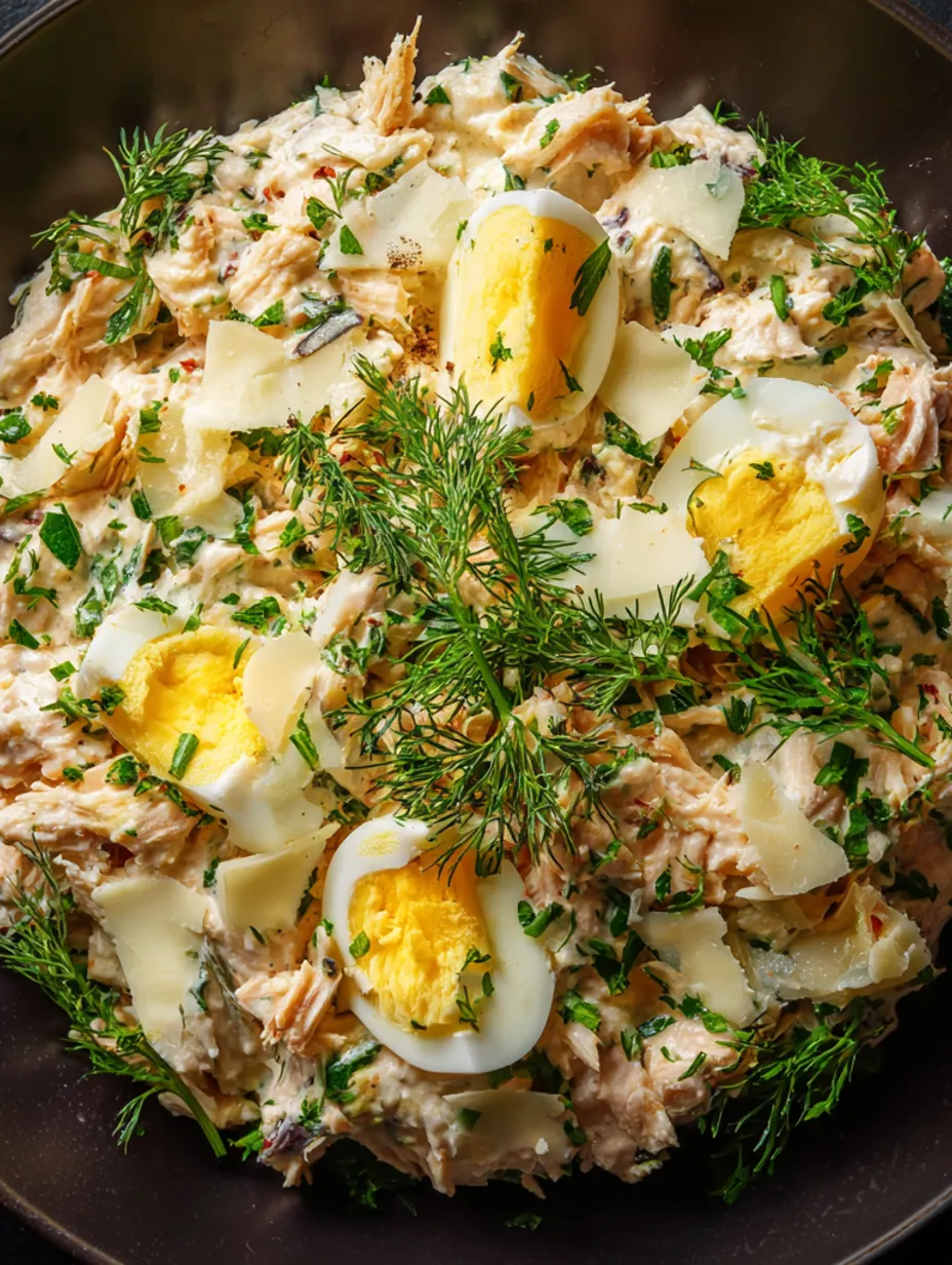 A dish of tuna salad with eggs on top.