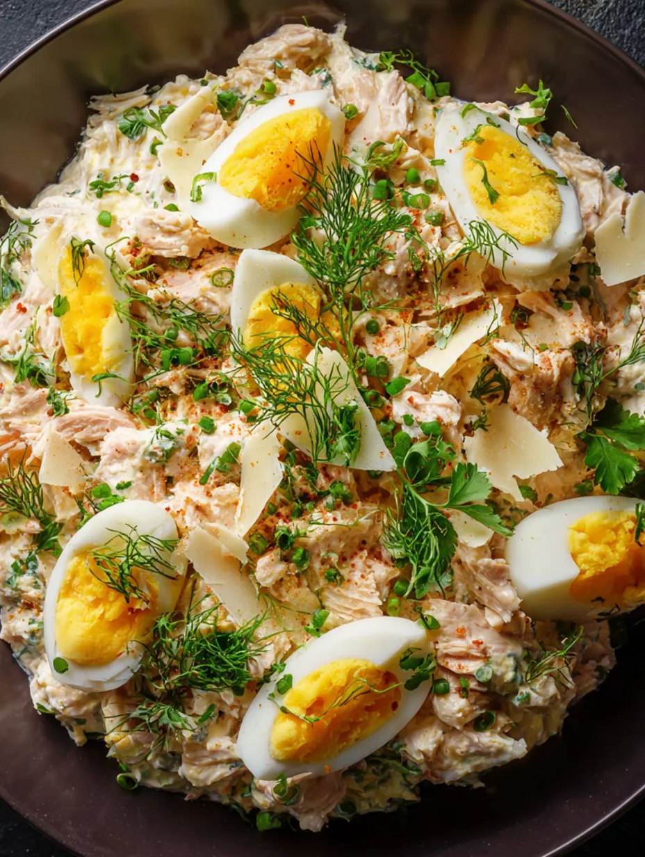 A dish of tuna salad with eggs on top.