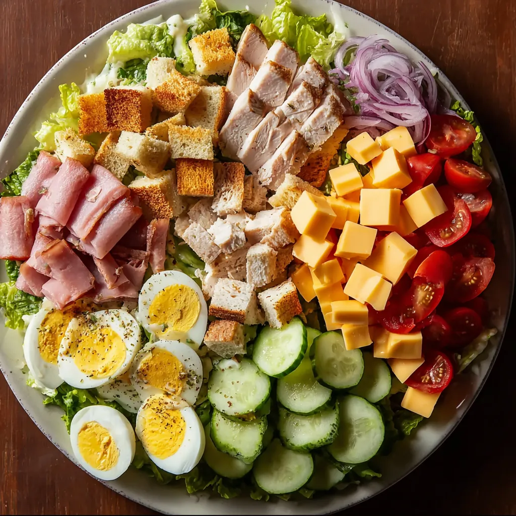 A chef salad with eggs, cucumbers, tomatoes, onions, ham, and cheese.