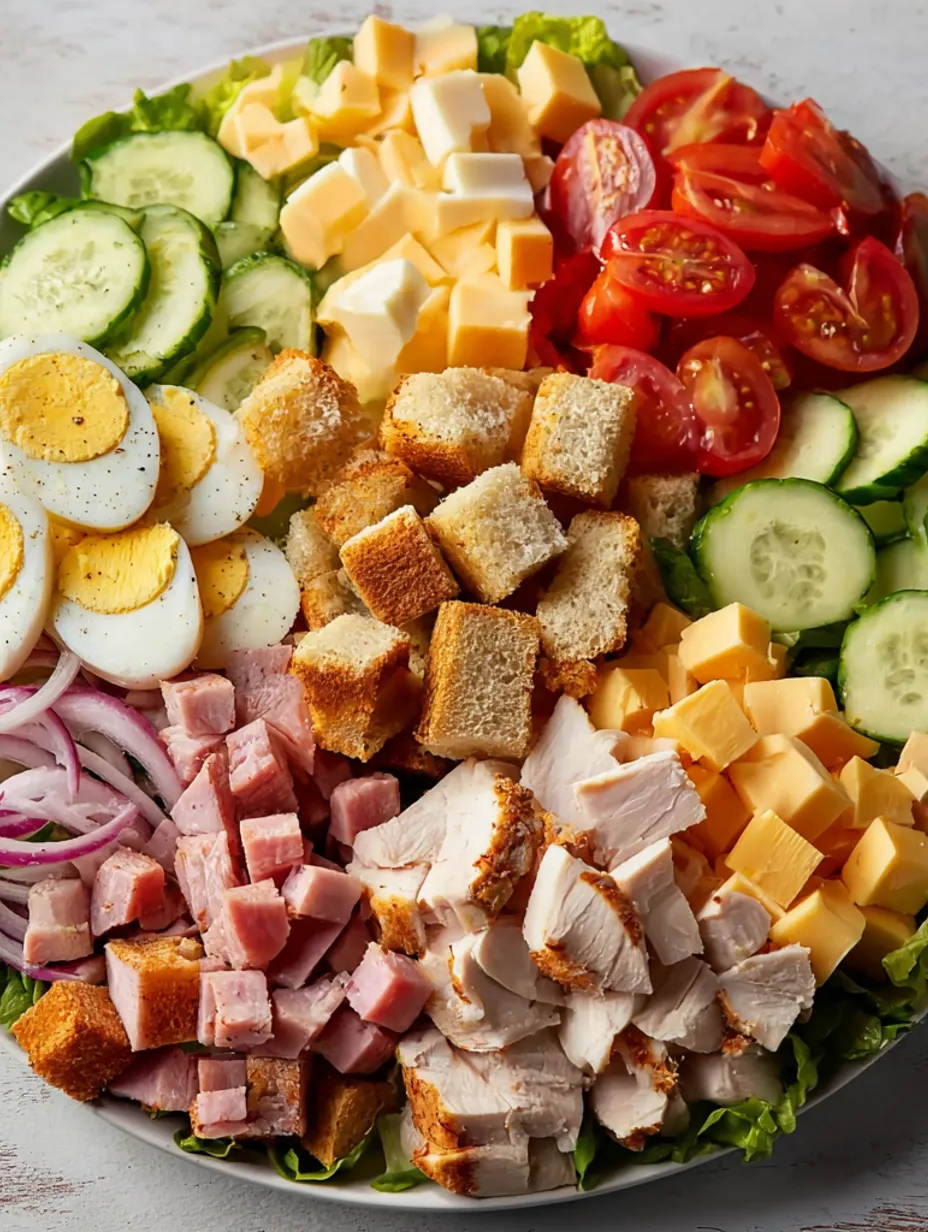 A chef salad with ham, eggs, bread, tomatoes, and cucumbers.