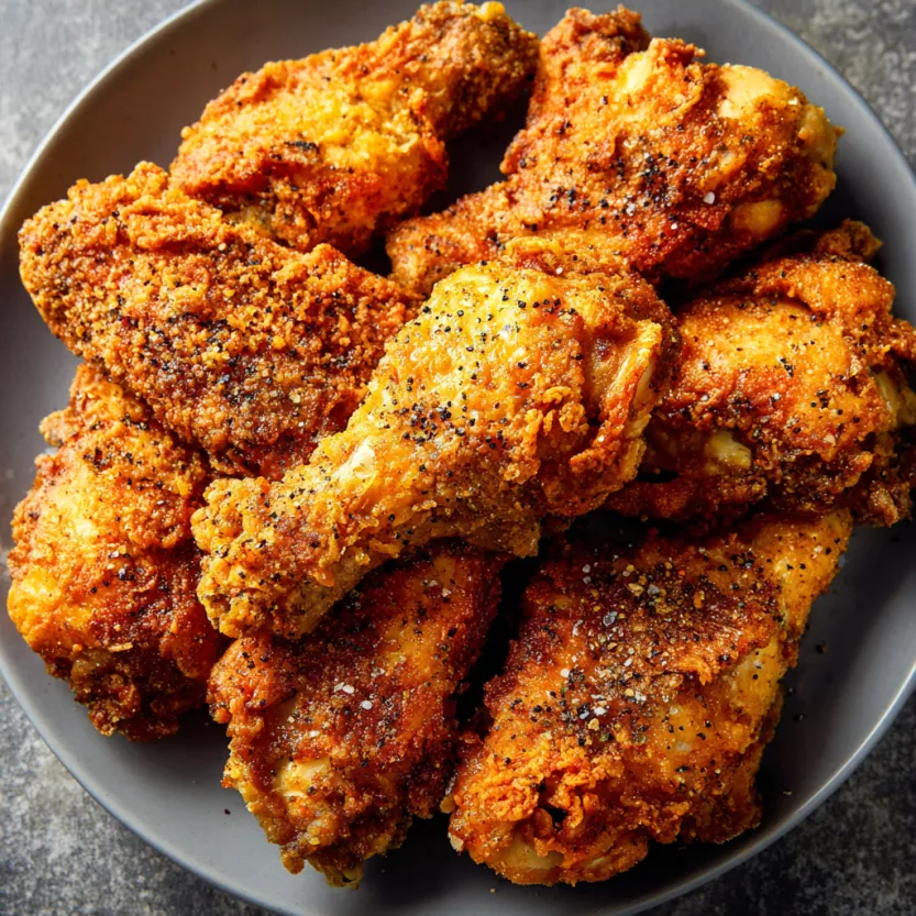 A plate of fried chicken with pepper on it.
