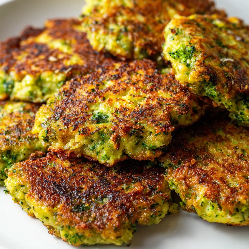 Broccoli fritters on a white plate.