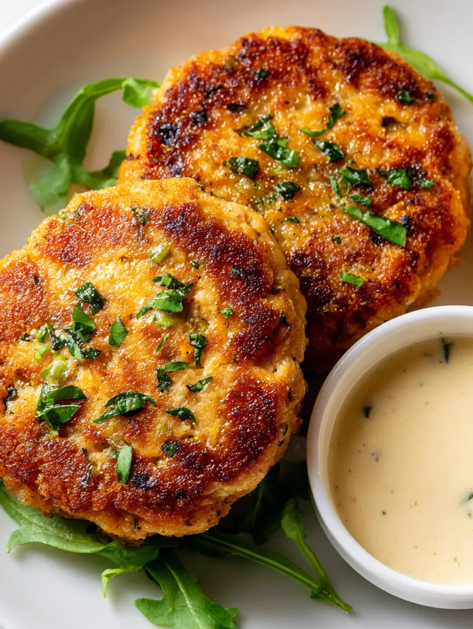 Two tuna patties with sauce on a plate.