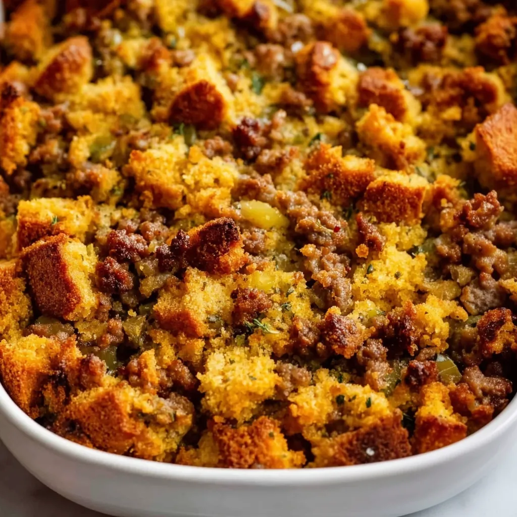 A white bowl filled with cornbread stuffing.