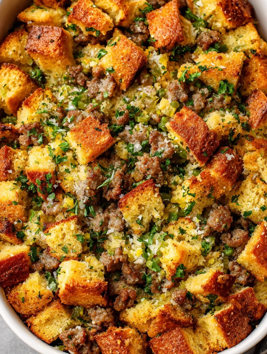 A close up of cornbread stuffing.