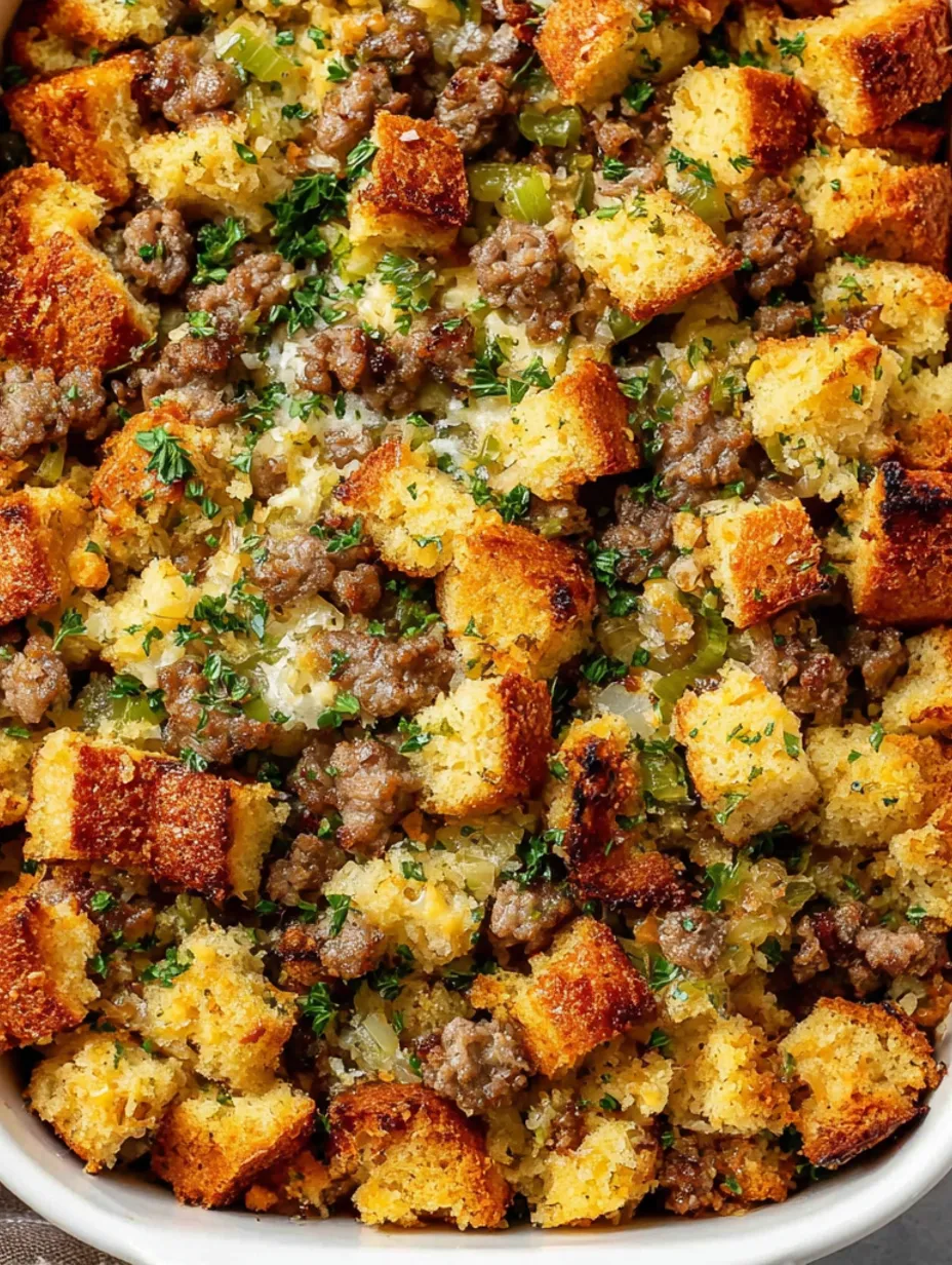 A close up of cornbread stuffing.