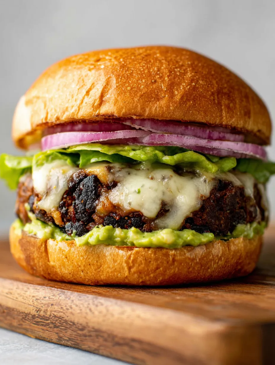 A black bean burger with lettuce, tomato, and avocado.