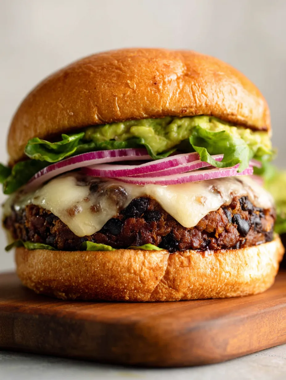 A black bean burger with lettuce, tomato, and avocado.