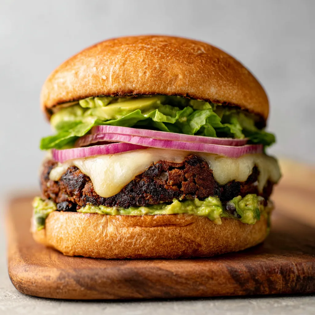 A black bean burger with lettuce and tomato.