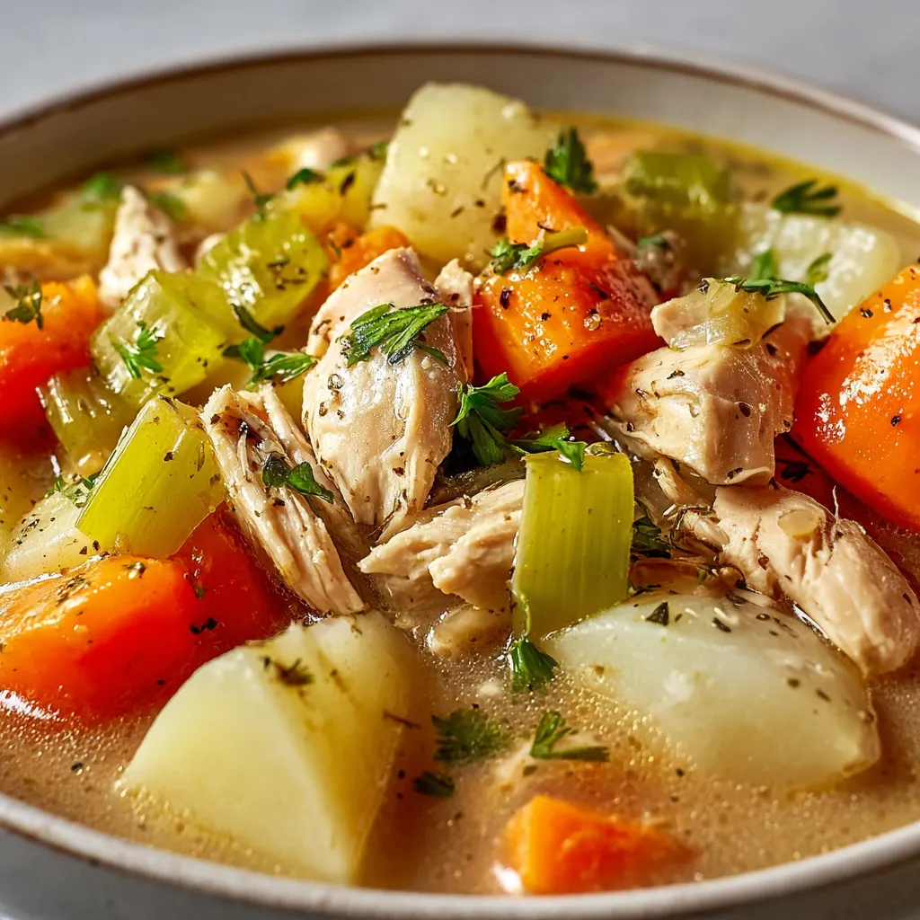 A bowl of chicken goulash with vegetables.