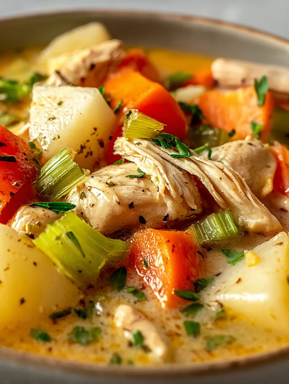 A bowl of chicken goulash with vegetables.