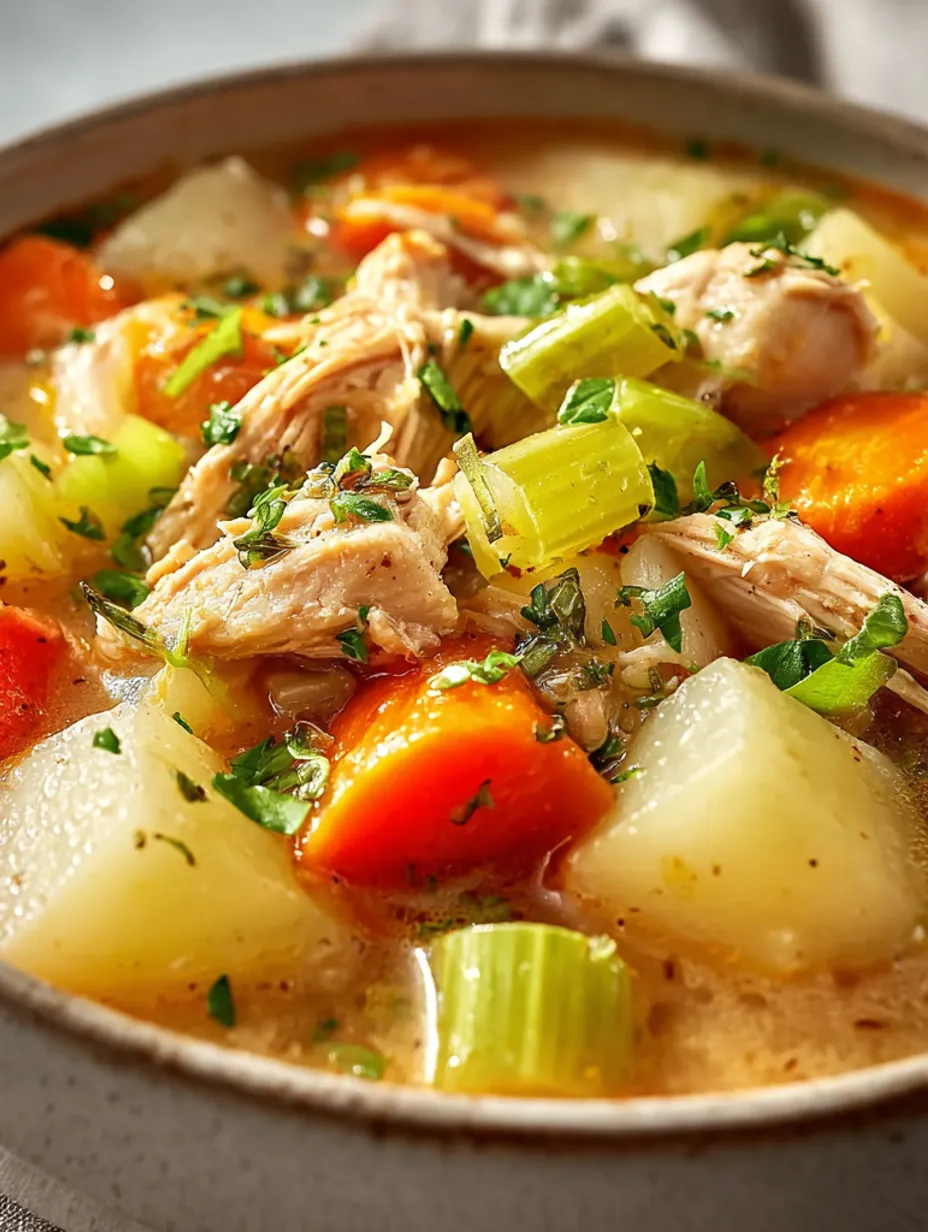A bowl of chicken goulash with vegetables.