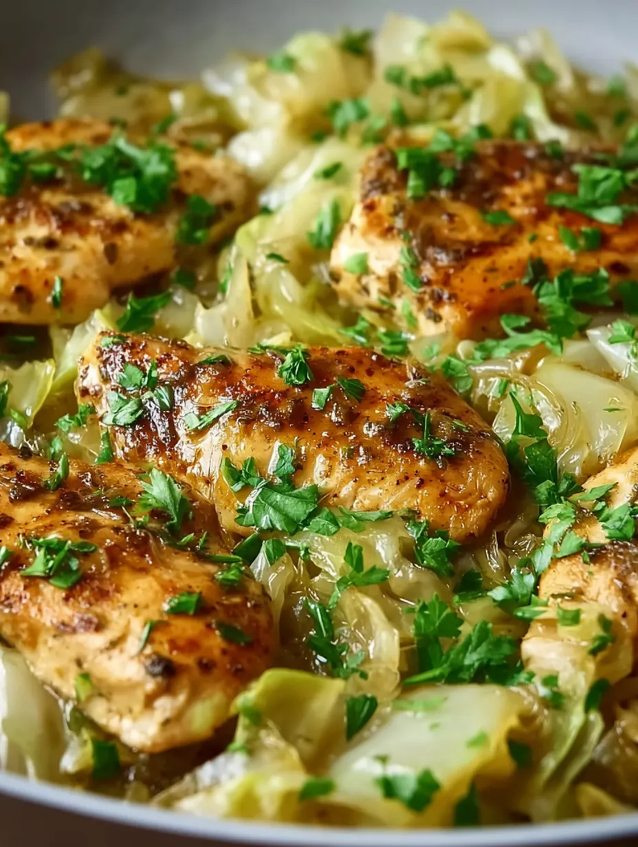 A plate of sauteed garlic cabbage with chicken.