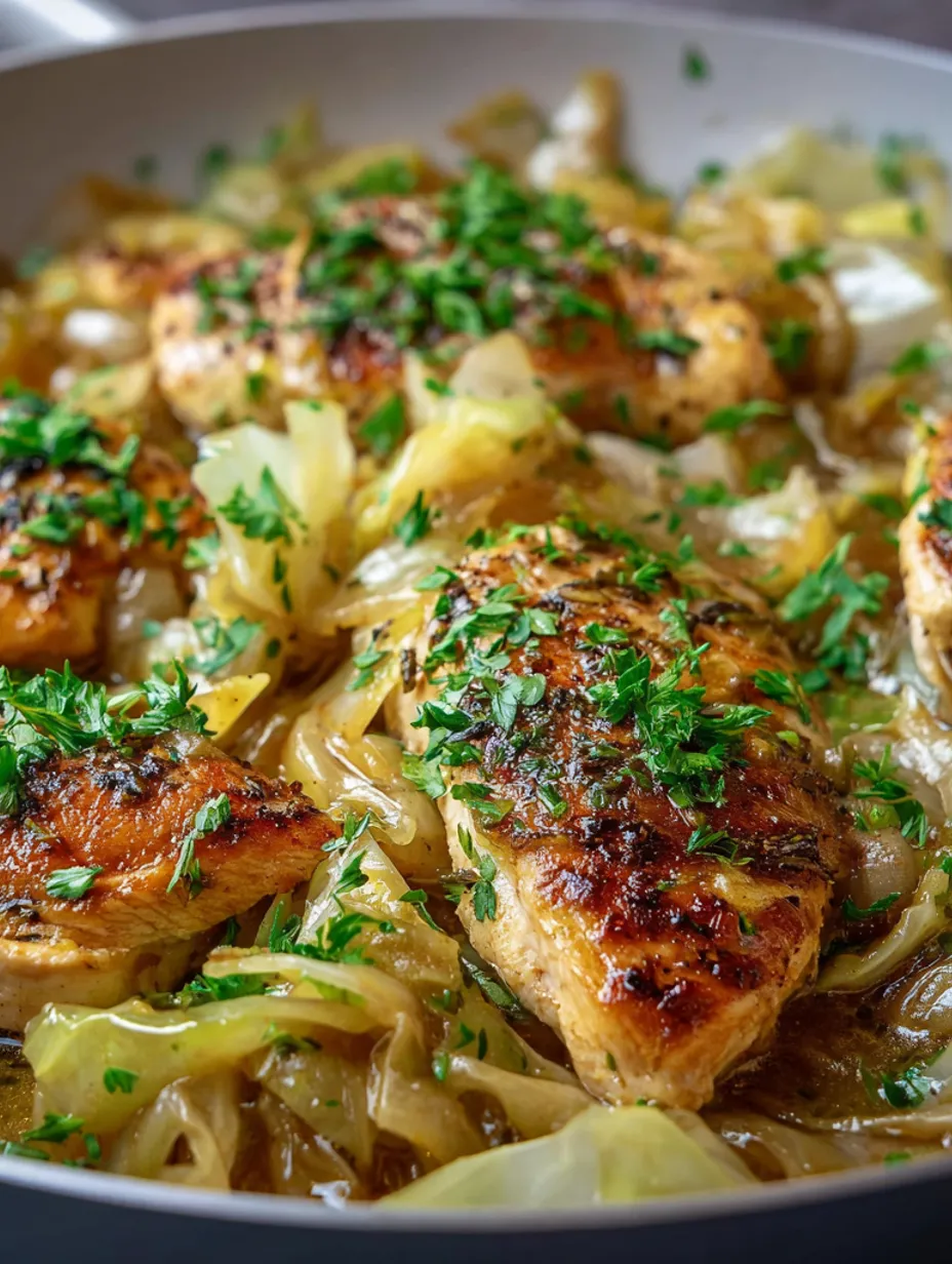 A close up of sauteed garlic cabbage with chicken.