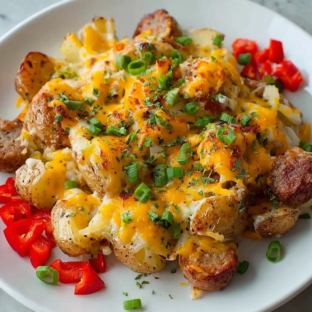 A plate of cheesy ranch potatoes and sausage.