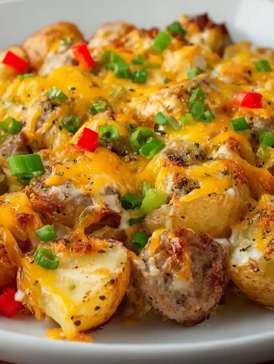 A plate of cheesy ranch potatoes and sausage.