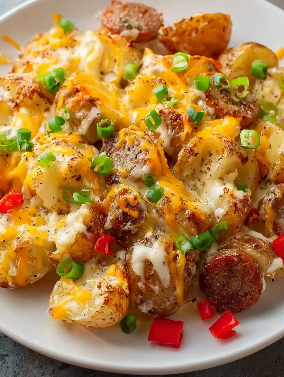 A plate of cheesy potatoes with sausage.