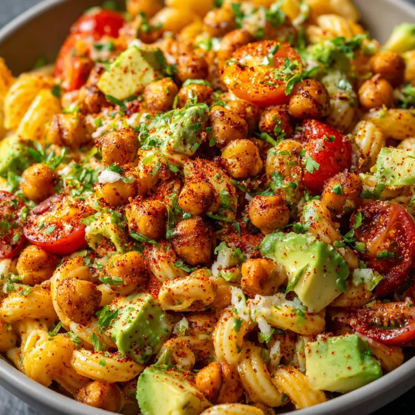 A bowl of pasta salad with chickpeas, tomatoes, and avocado.