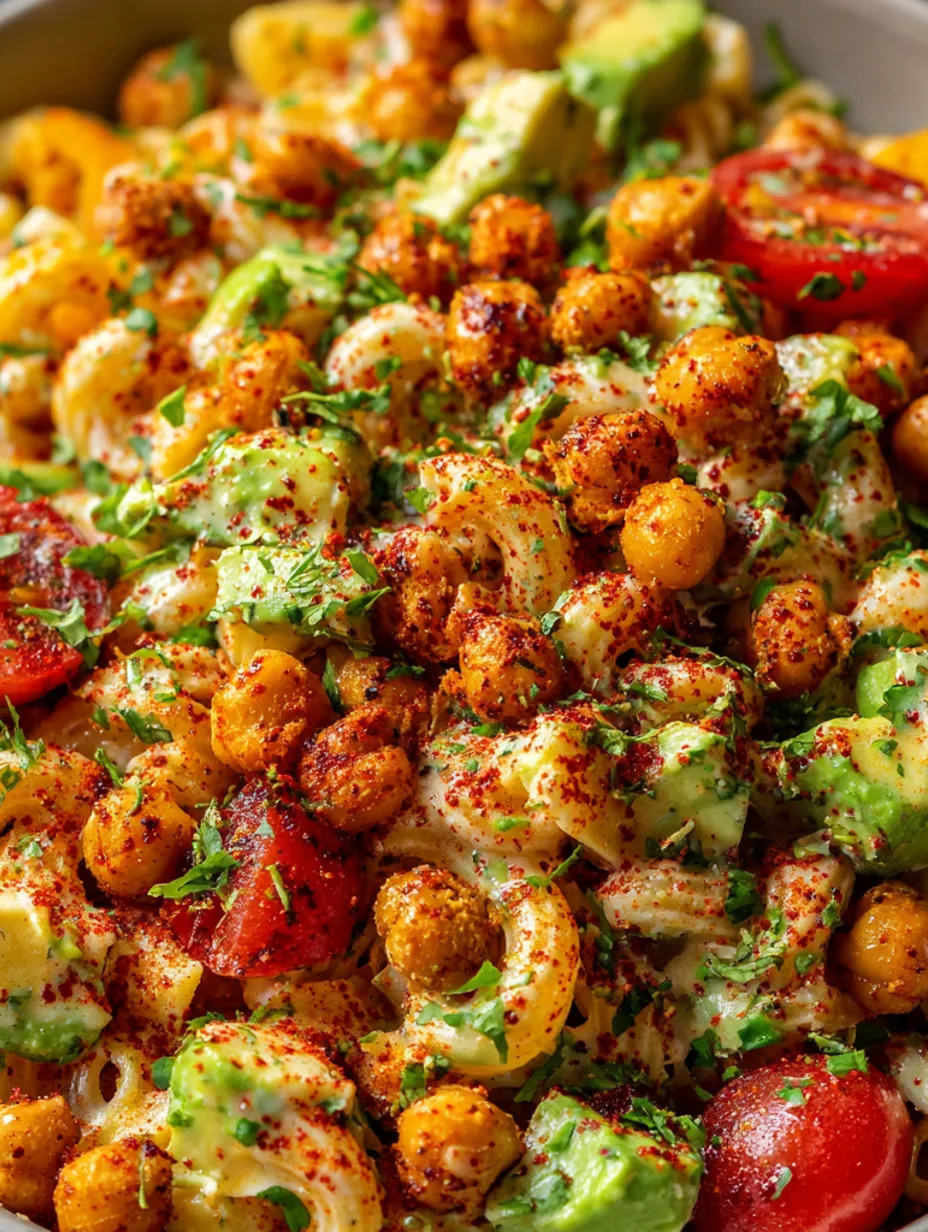 A close up of a buffalo chickpea pasta salad.