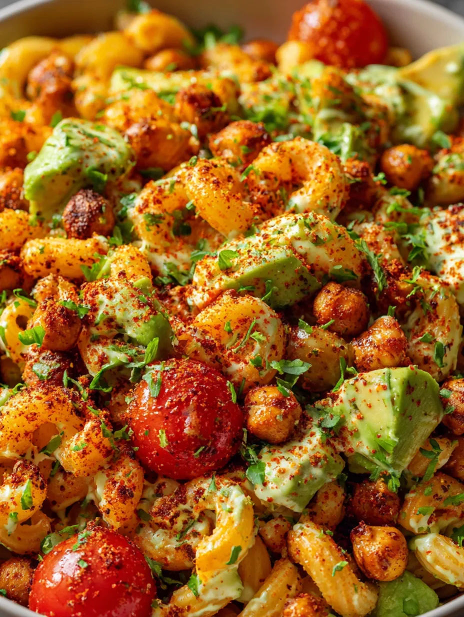 A close up of a buffalo chickpea pasta salad.